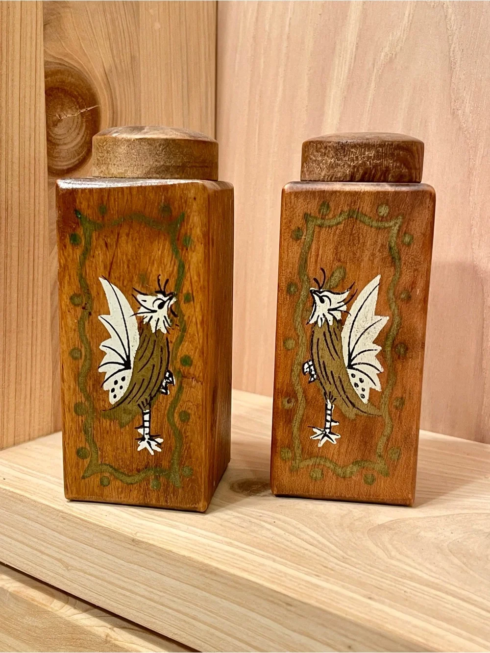 Wooden Hand Painted Salt & Pepper Shakers Vintage